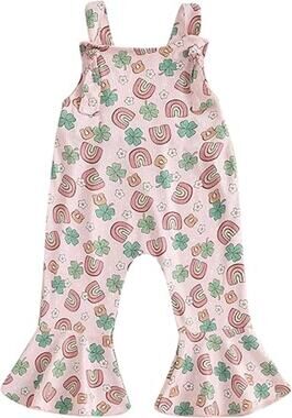 NWT ~ Pink Rainbows & Shamrocks Girls Bellbottom Flare Overalls Pants